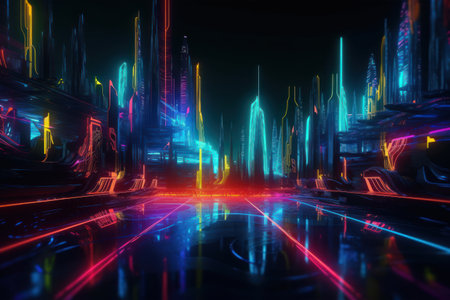 Futuristic city with neon lights, 3d rendering. computer digital drawing.の素材