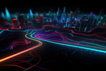3d rendering of abstract city with neon lights on black background.の素材