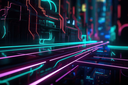 3d rendering of abstract technology concept background with glowing neon lines.の素材