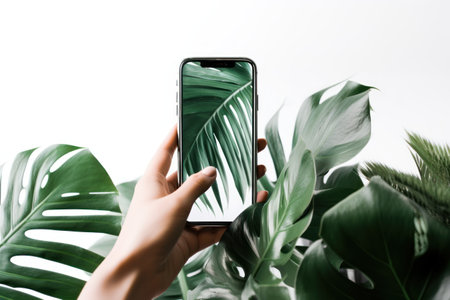 cropped view of woman taking selfie with smartphone near monstera leaves isolated on whiteの素材