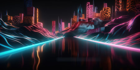 3D rendering of futuristic city in neon light. future city conceptの素材