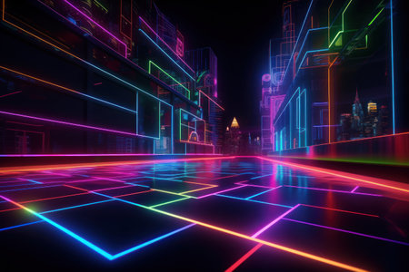 3d render, abstract background with neon lights, glowing city and roadの素材