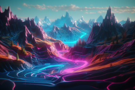 Futuristic landscape with colorful neon lights, 3d render illustrationの素材