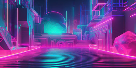 3d rendering. Futuristic background with neon lights. Cyberpunk style.の素材