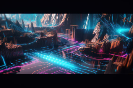 Futuristic sci fi tunnel with neon lights. 3d renderingの素材