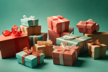 colorful gift boxes with ribbons on green background, retro tonedの素材
