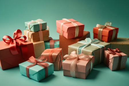 Colorful gift boxes on blue background, retro toned image.の素材