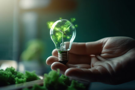 Close up of human hand holding lightbulb with green plant insideの素材