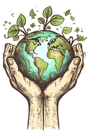 Hand holding Earth. Vector hand drawn illustration. Save the earth concept.の素材