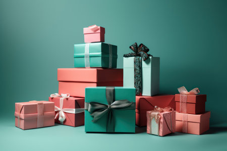 Colorful gift boxes on green background. Christmas or birthday concept.の素材