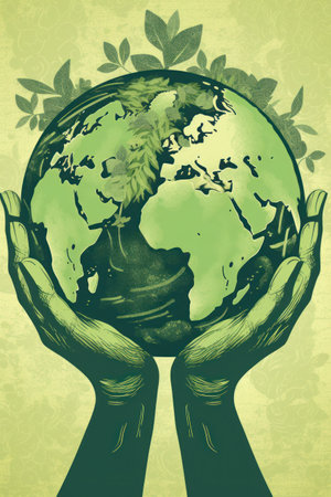 Hands holding earth globe. Eco friendly concept. vector illustration.の素材