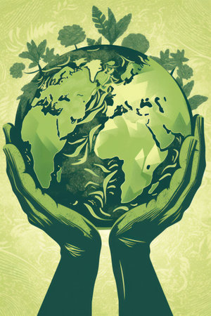 Ecology concept with human hands holding a globe on a green backgroundの素材