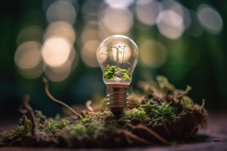 Light bulb on moss and bokeh background. Ecology concept.の素材