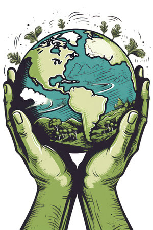 Hands holding the planet earth. Vector illustration in retro style.の素材