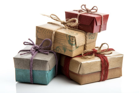 Gift boxes tied with twine isolated on a white background.の素材
