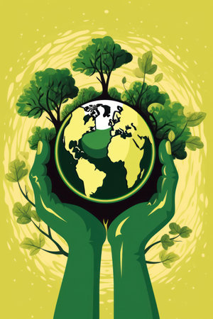 Ecology concept with hands holding Earth globe and trees. vector illustrationの素材