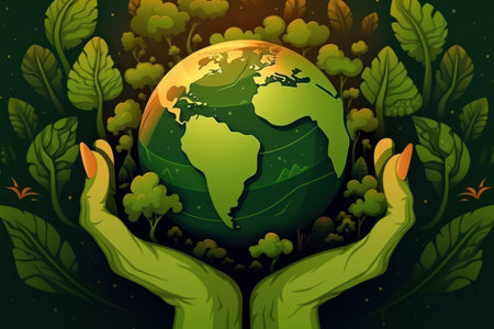 Hands holding Earth planet in the forest background. vector illustration.の素材