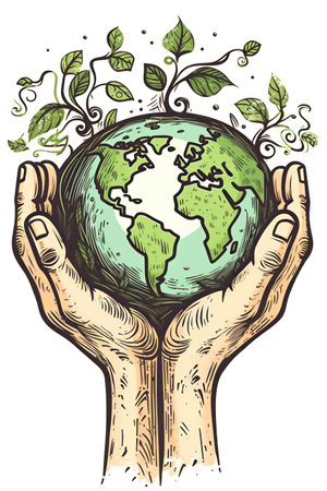 Hands holding the planet earth with green leaves. vector illustration.の素材