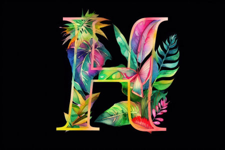 Colorful tropical leaves font, letter H, isolated on black backgroundの素材
