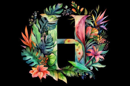Watercolor letter H with tropical leaves and flowers. hand painted illustration on black backgroundの素材