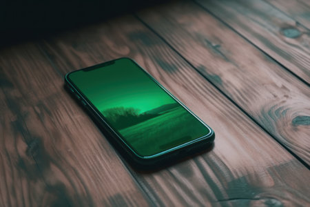 Smartphone with green screen on the wooden table in the dark.の素材
