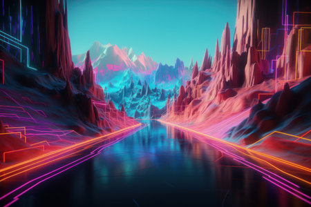 Futuristic Sci Fi Landscape with Glowing Neon Light Linesの素材