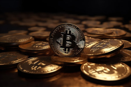 Bitcoin coin on the background of coins. Cryptocurrency concept.の素材