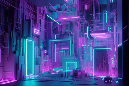 3d rendering. Futuristic corridor with neon lights. Cyberpunk style.の素材