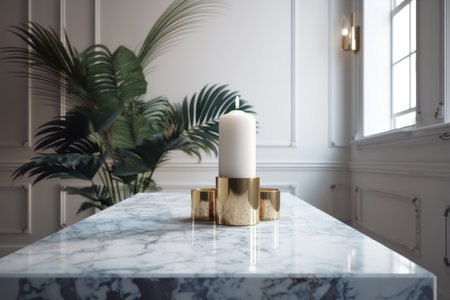 White marble table with a burning candle in the interior. 3d renderingの素材