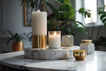 Burning candles on white marble table in room. interior design elementsの素材