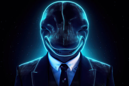 Cyborg head in suit and tie on dark background. artificial intelligence conceptの素材