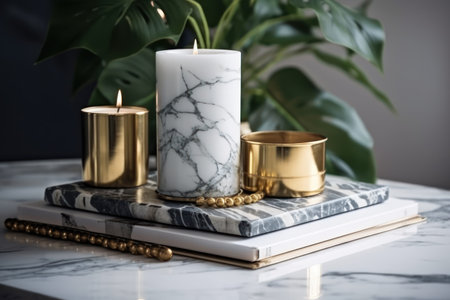 Burning candles, books and houseplantle table, closeupの素材