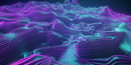 Abstract 3d rendering of wavy surface. Futuristic background with dynamic waves and glowing particles.の素材
