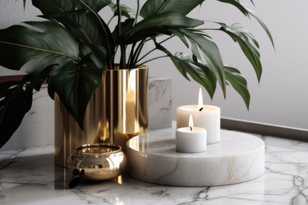 Burning candles and houseplant on white marble table, closeupの素材