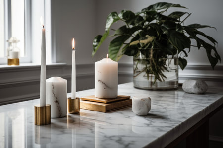 Burning candles on white marble table in modern living room interior, closeupの素材