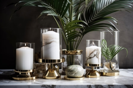 Candle holder with burning candles and palm branch table.の素材