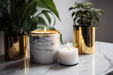 Burning candles and plants on white marble table, space for textの素材