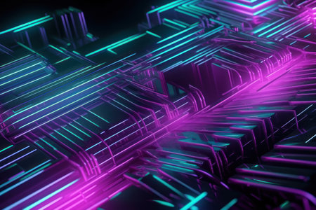 3d rendering of abstract technology concept background with glowing neon lines.の素材