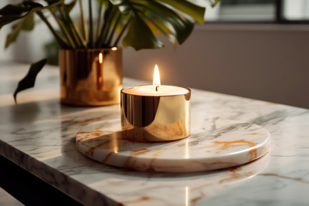 Burning candlele table in room, closeup. Space for textの素材