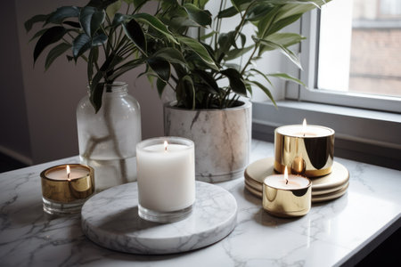 Burning candles on white marble table in living room, interior designの素材