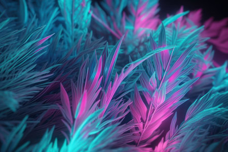 Tropical palm leaves glowing in neon light. 3d renderingの素材