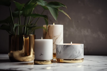 Burning candles and green plant in vase on white marble tableの素材