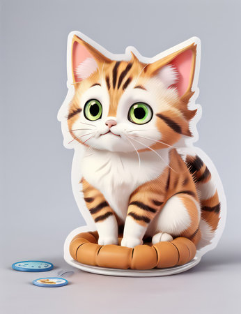 Cute cat sitting on a saucer with a toy. 3d renderingの素材