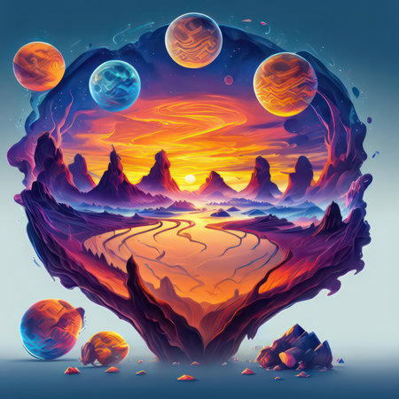 Fantasy landscape with mountains, sun, moon and planet. Vector illustration.の素材