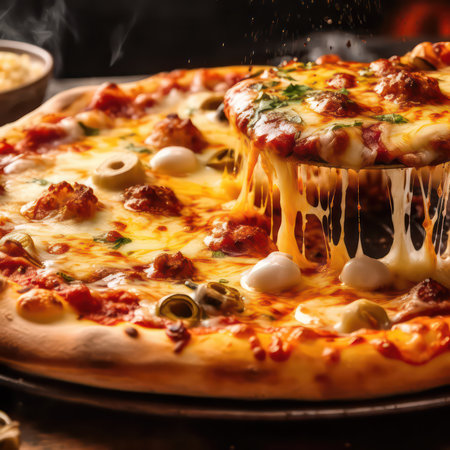 Pizza with mozzarella cheese, olives and tomato sauceの素材