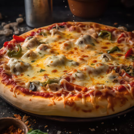 Pizza with mozzarella cheese, tomato and pepper on dark backgroundの素材