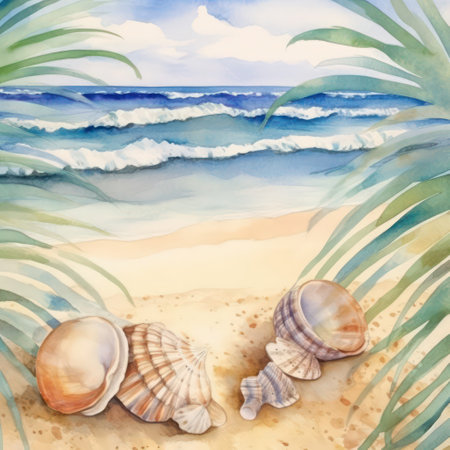 Seashells on the sandy beach with palm leaves. Watercolor illustrationの素材