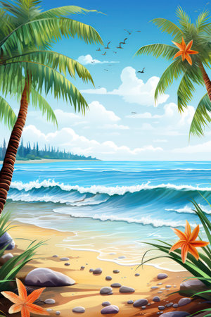 Illustration of a tropical beach with palm trees and starfishesの素材