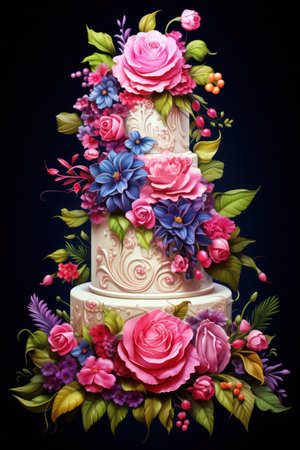 Beautiful wedding cake decorated with flowers and leaves on black background.の素材