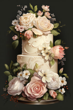 Wedding cake with flowers and leaves on a dark background.の素材